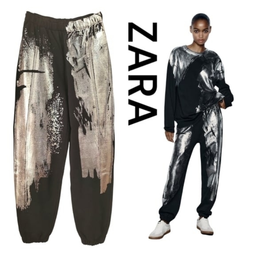Zara Foil Metallic Paint Joggers Sweatpants Black Silver Size Small